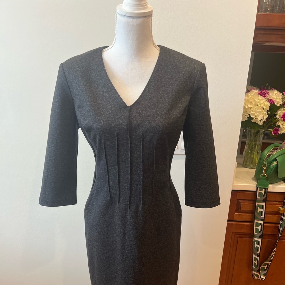 Calvin Klein Gray Pleated Sheath Dress V-Neck